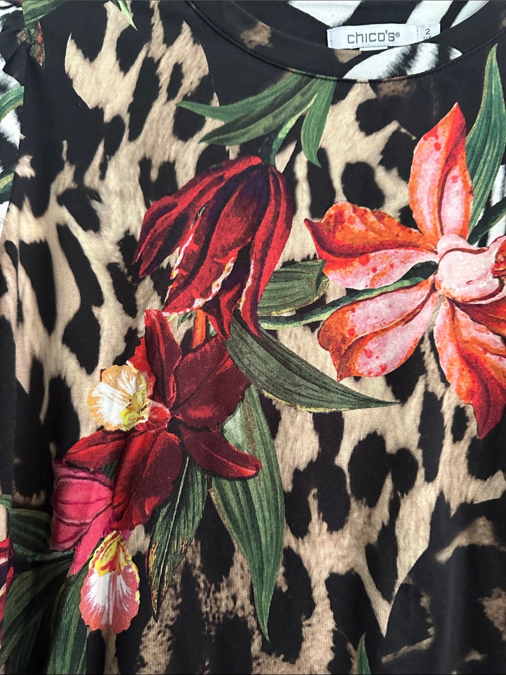 Chico's Black Top with Red Floral & Animal Prints - Picture 3 of 6